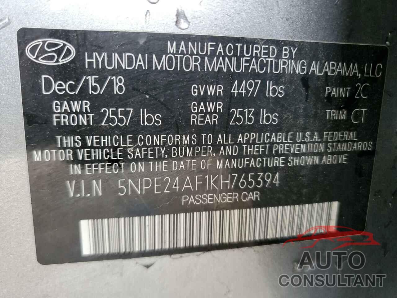 HYUNDAI SONATA 2019 - 5NPE24AF1KH765394