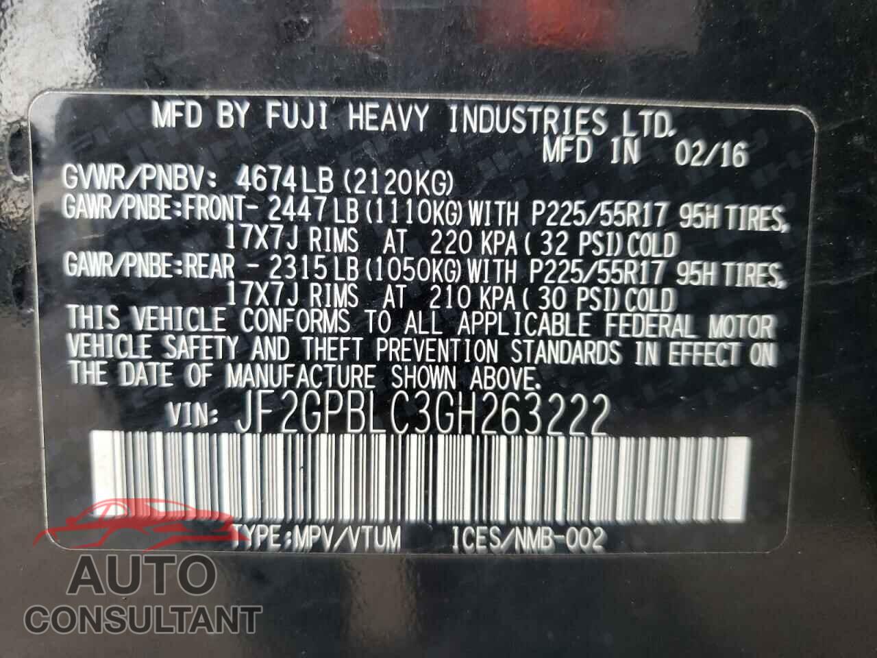 SUBARU CROSSTREK 2016 - JF2GPBLC3GH263222