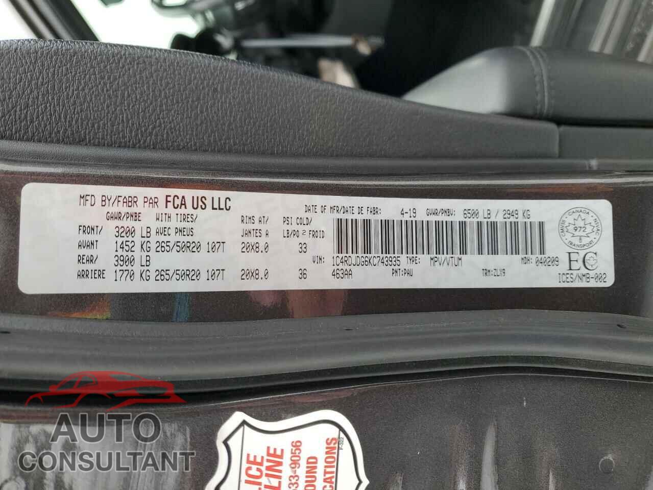 DODGE DURANGO 2019 - 1C4RDJDG6KC743935