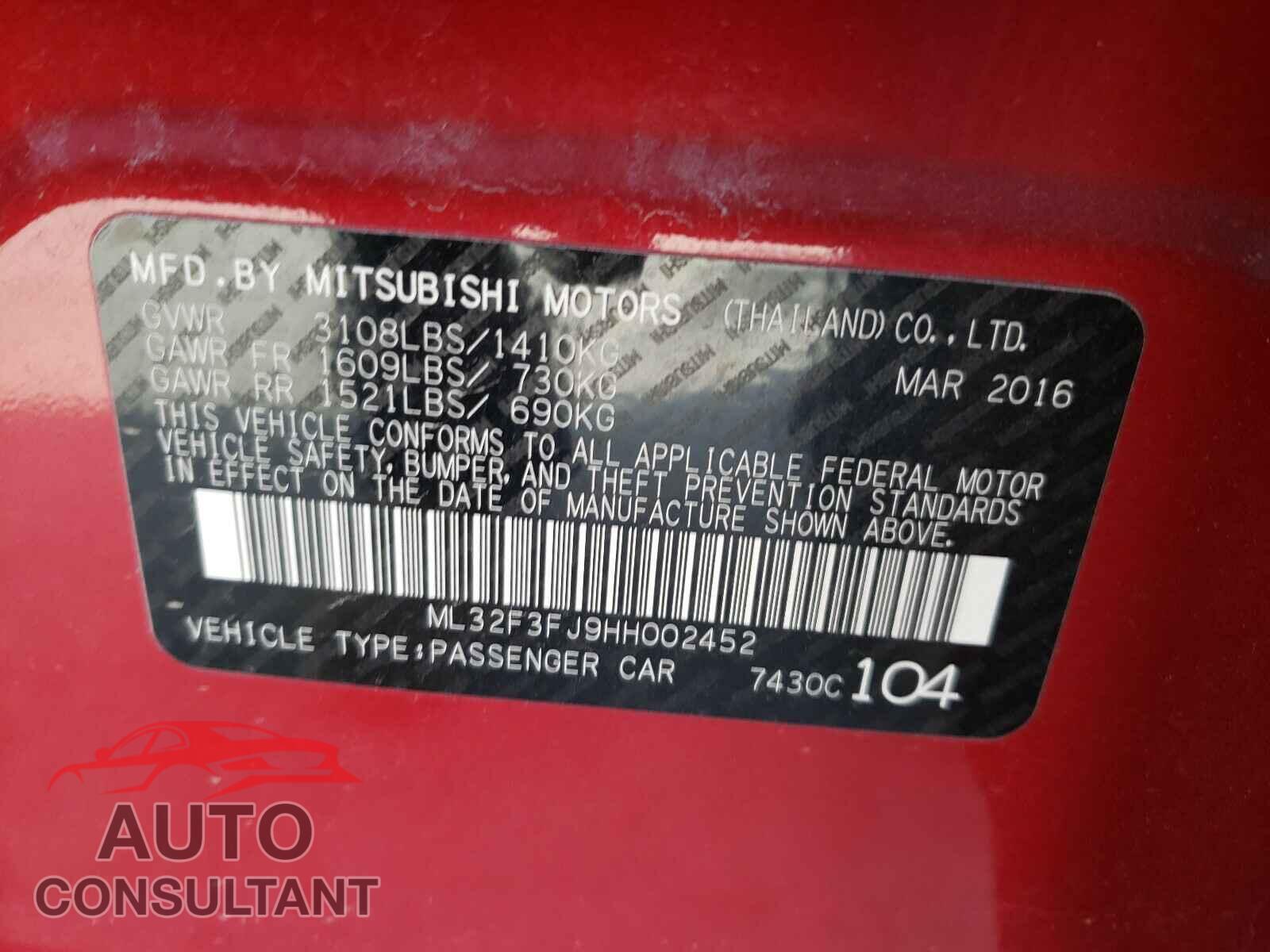MITSUBISHI MIRAGE 2017 - ML32F3FJ9HH002452