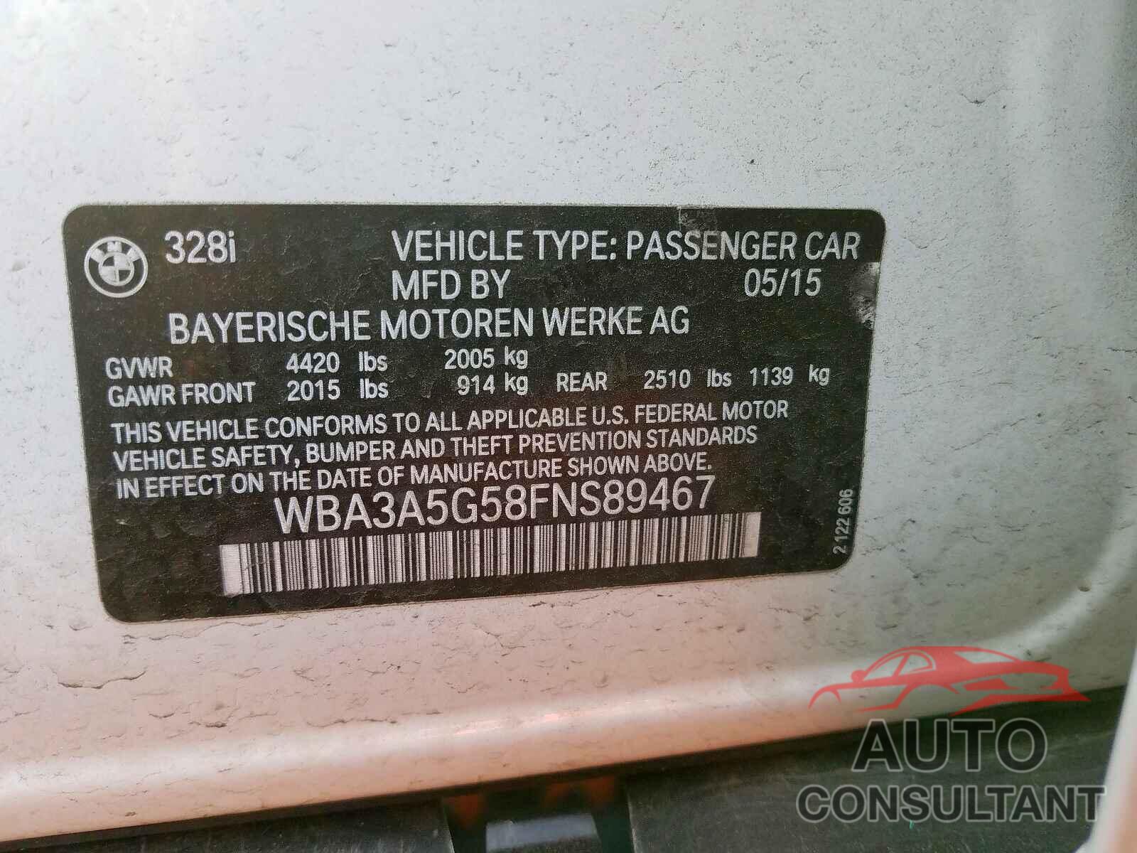 BMW 3 SERIES 2015 - KNADM5A36G6698999