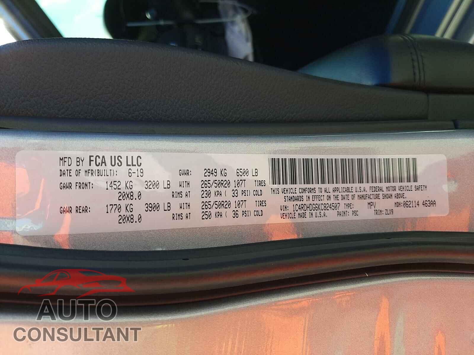 DODGE DURANGO 2019 - 1C4RDHDG6KC824507