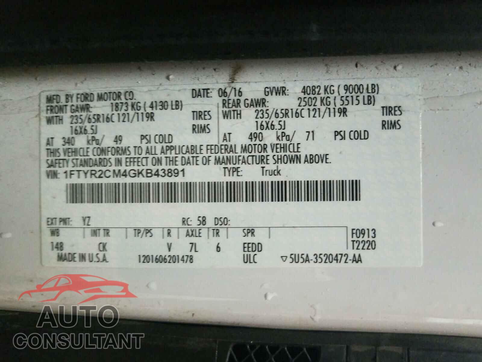 FORD TRANSIT CO 2016 - 1FTYR2CM4GKB43891