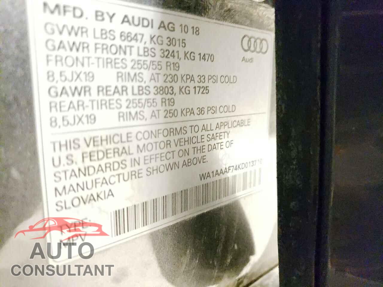 AUDI Q7 2019 - WA1AAAF74KD013710