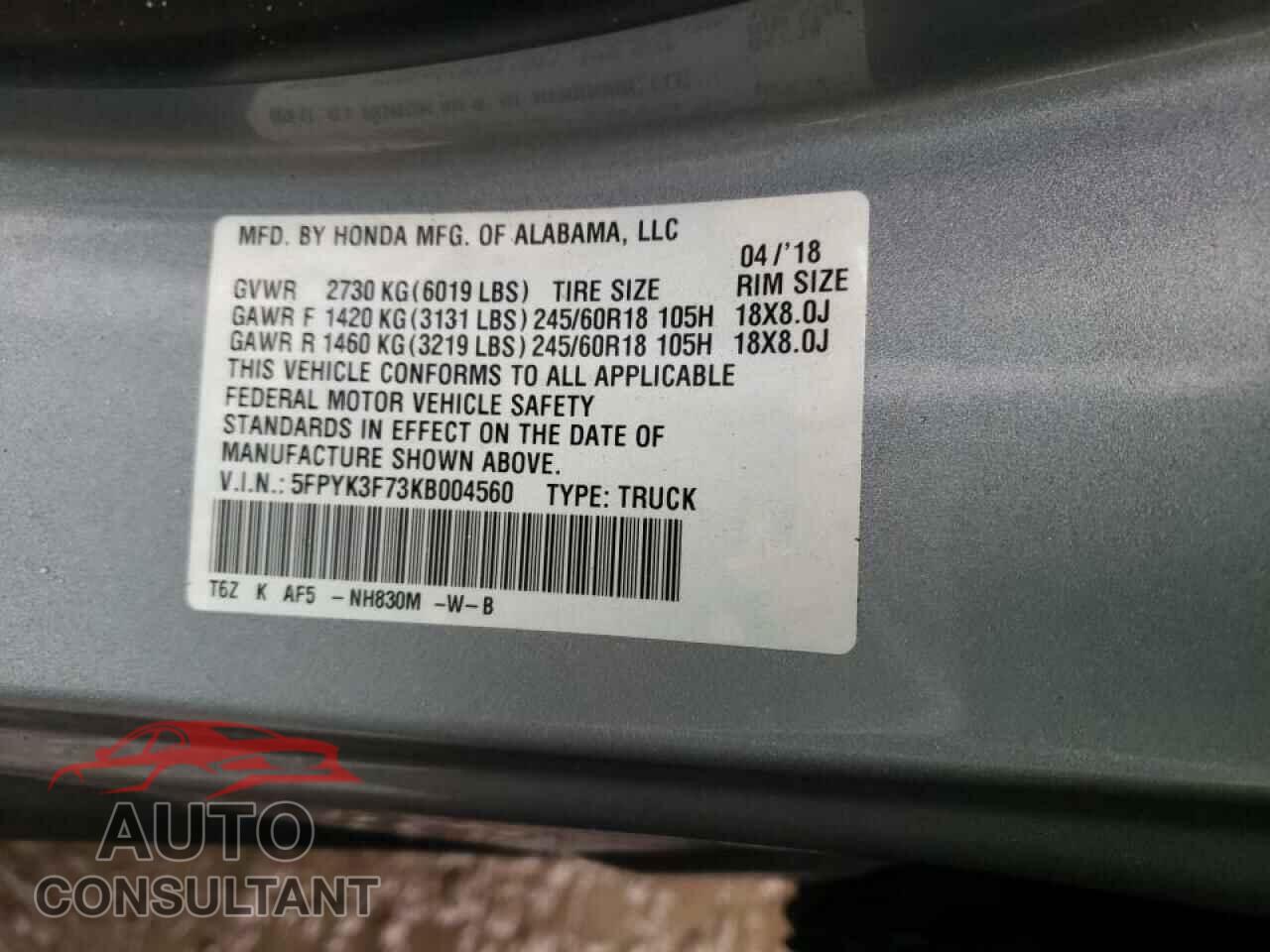 HONDA RIDGELINE 2019 - 5FPYK3F73KB004560