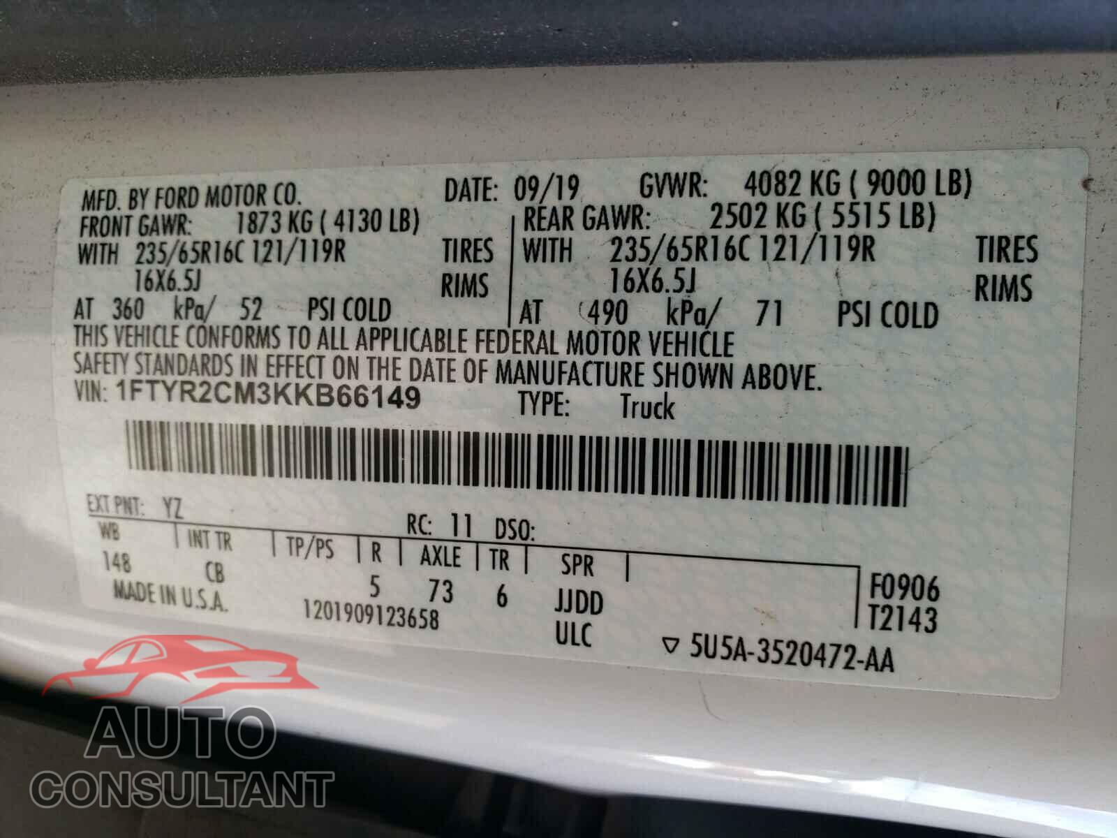 FORD TRANSIT CO 2019 - 1FTYR2CM3KKB66149