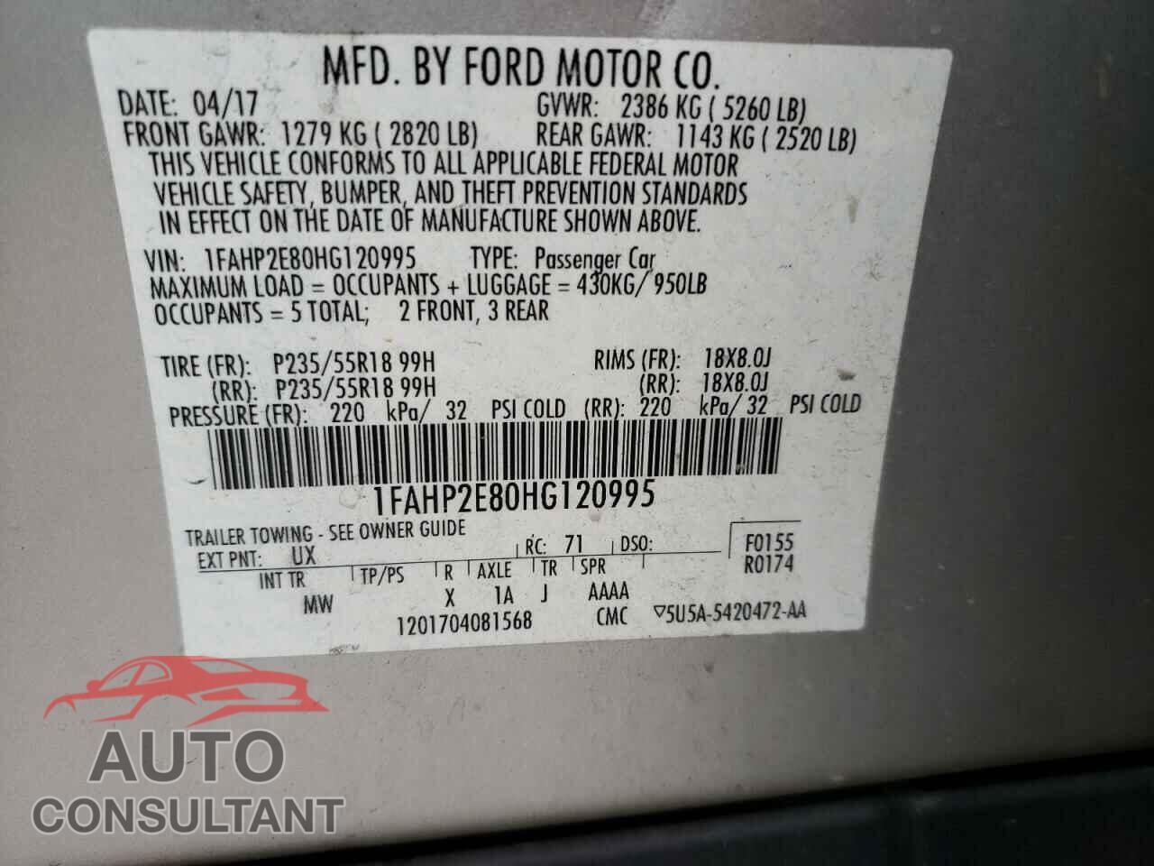 FORD TAURUS 2017 - 1FAHP2E80HG120995