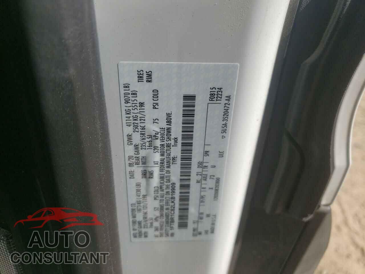 FORD TRANSIT CO 2020 - 1FTBR1C82LKB19909
