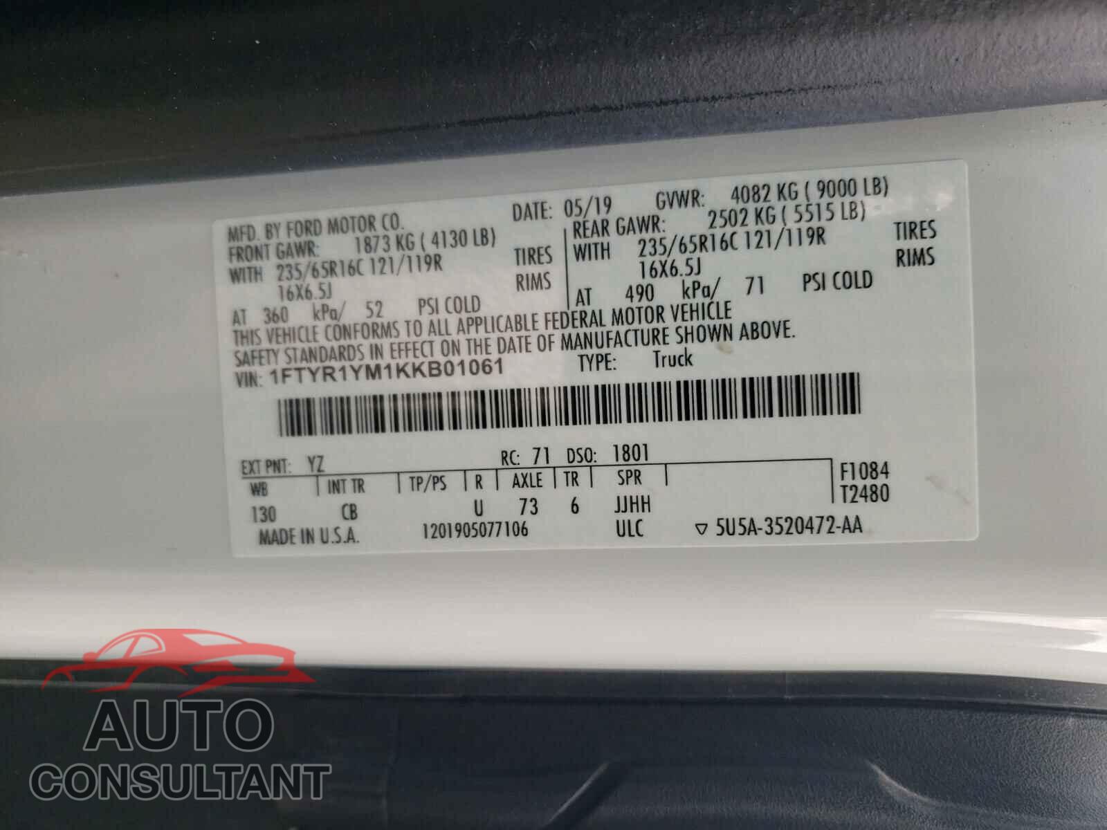 FORD TRANSIT CO 2019 - 1FTYR1YM1KKB01061