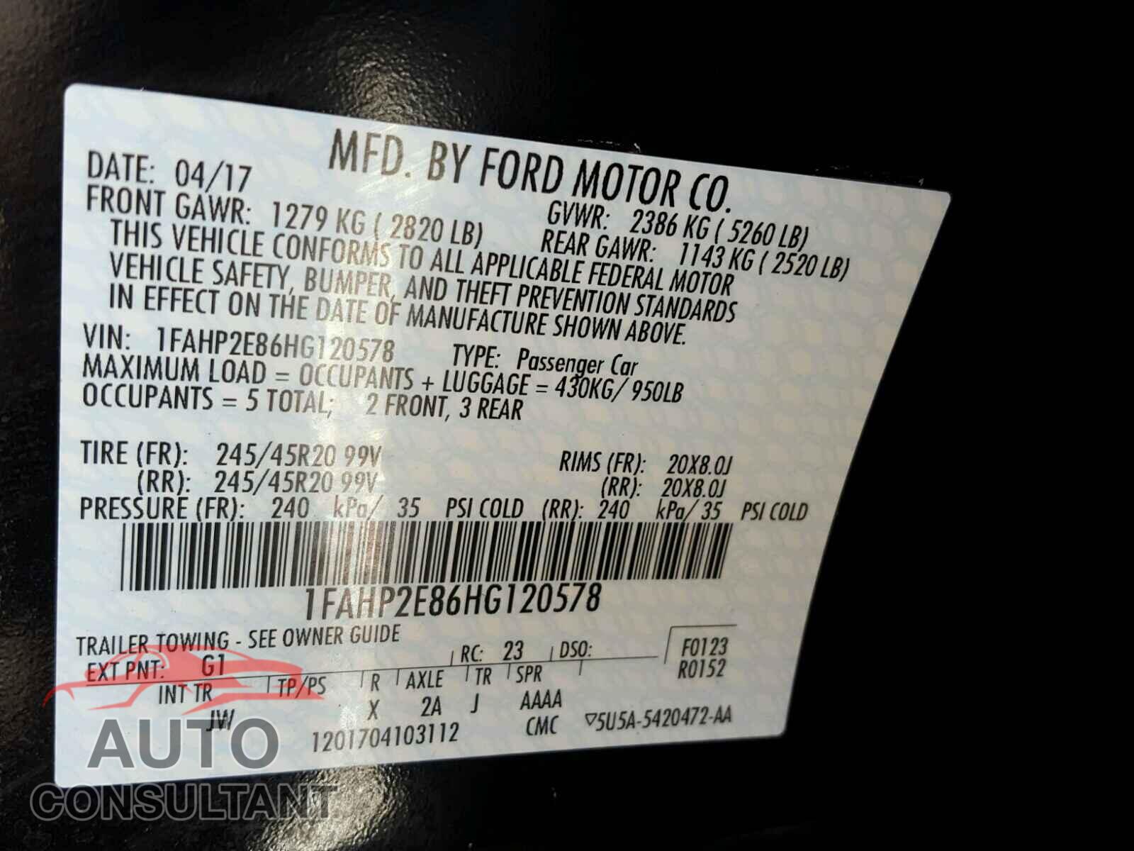 FORD TAURUS 2017 - 1FAHP2E86HG120578
