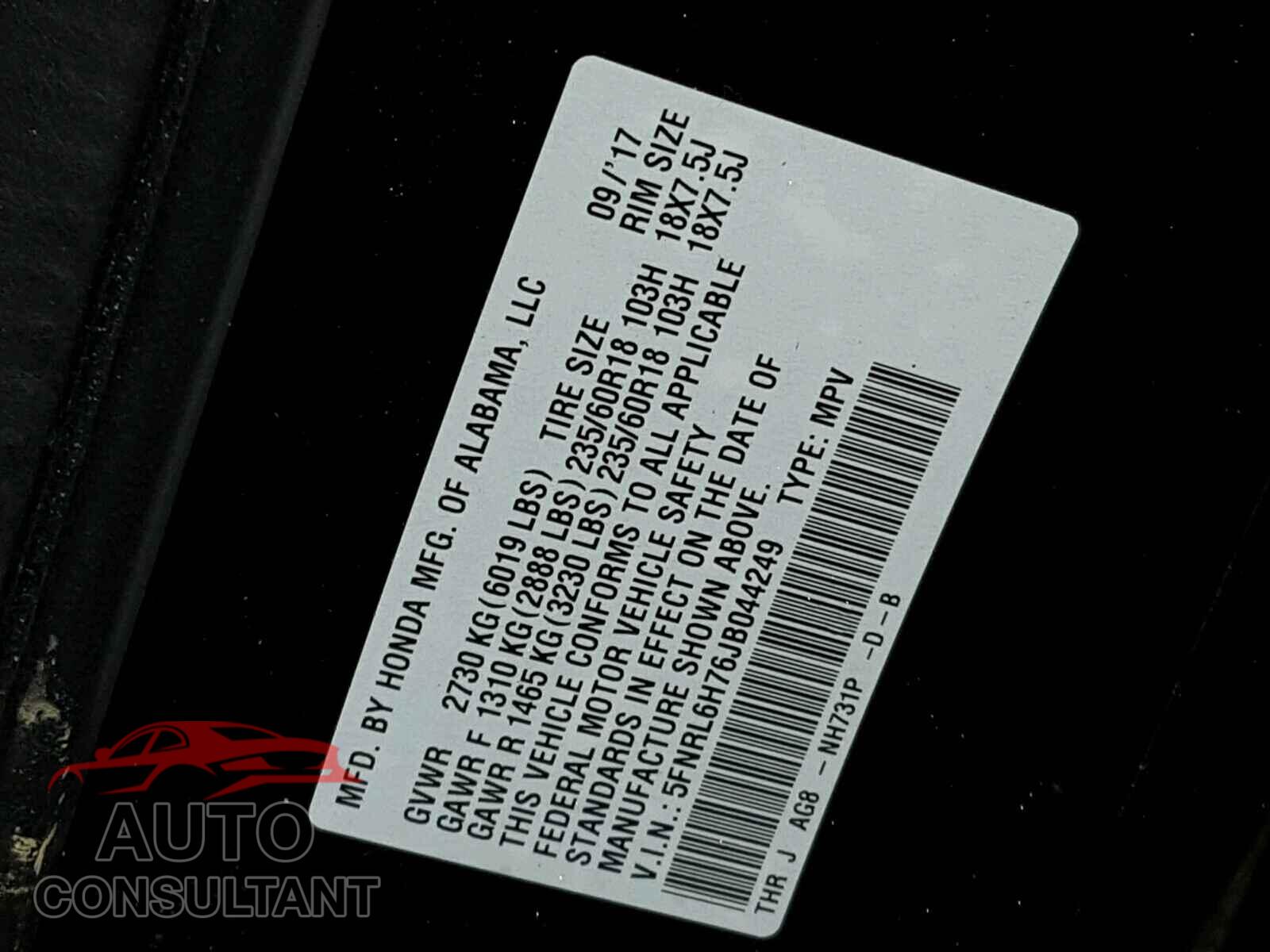 HONDA ODYSSEY 2018 - 5FNRL6H76JB044249