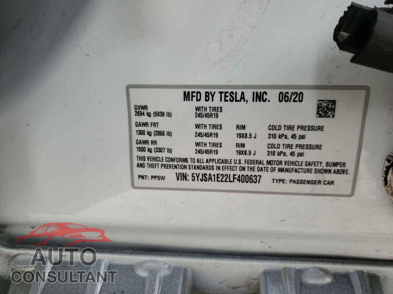 TESLA MODEL S 2020 - 5YJSA1E22LF400637