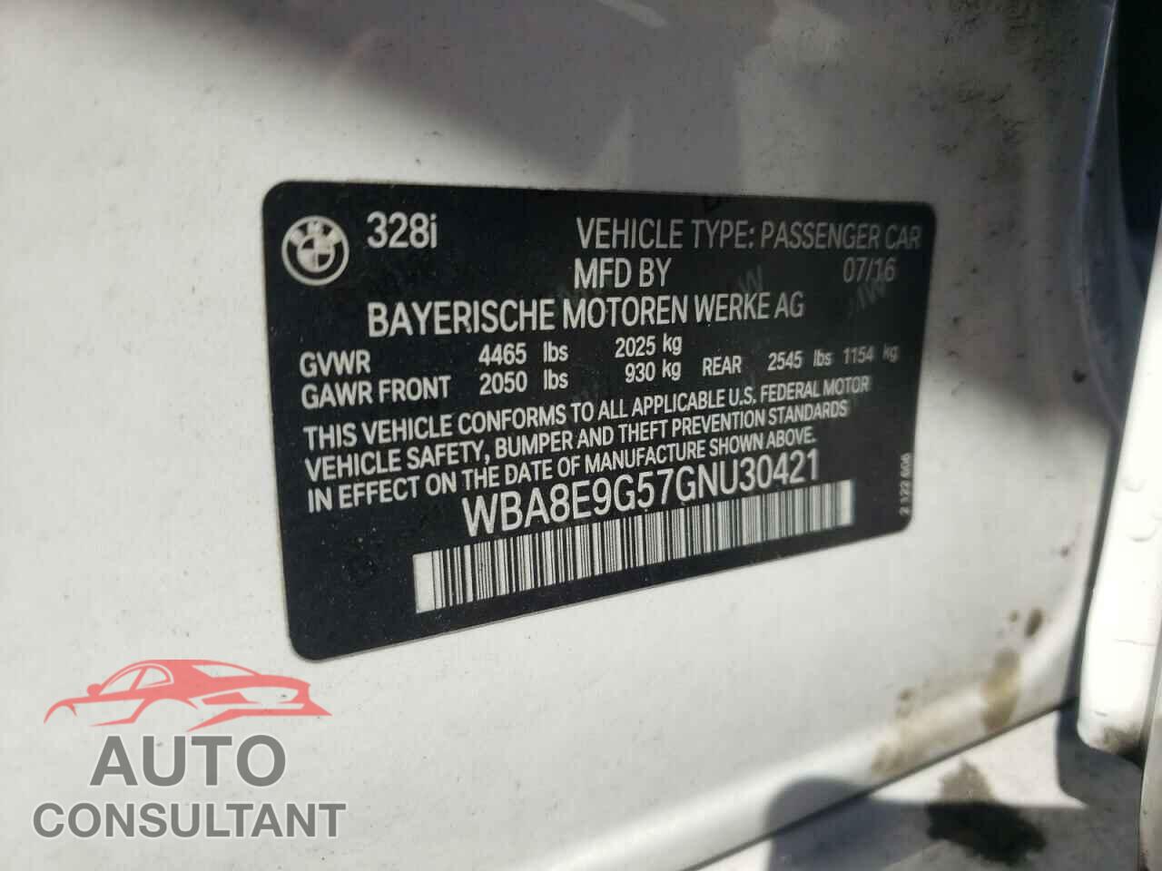 BMW 3 SERIES 2016 - WBA8E9G57GNU30421