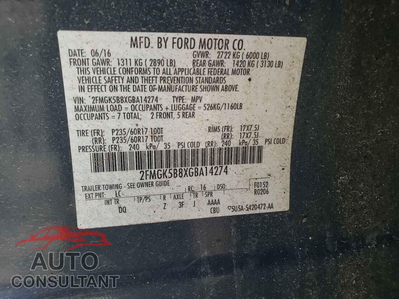 FORD FLEX 2016 - 2FMGK5B8XGBA14274