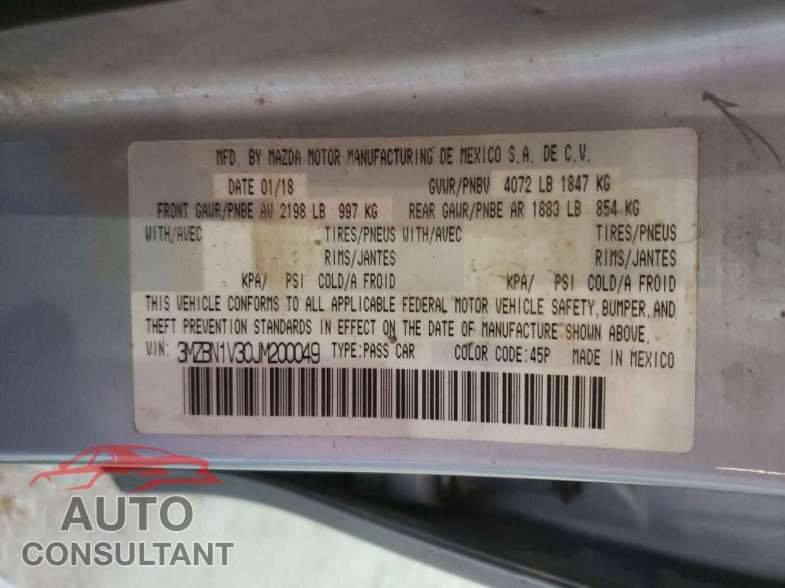 MAZDA 3 2018 - 3MZBN1V30JM200049
