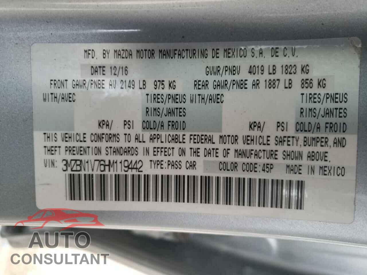 MAZDA 3 2017 - 3MZBN1V76HM119442