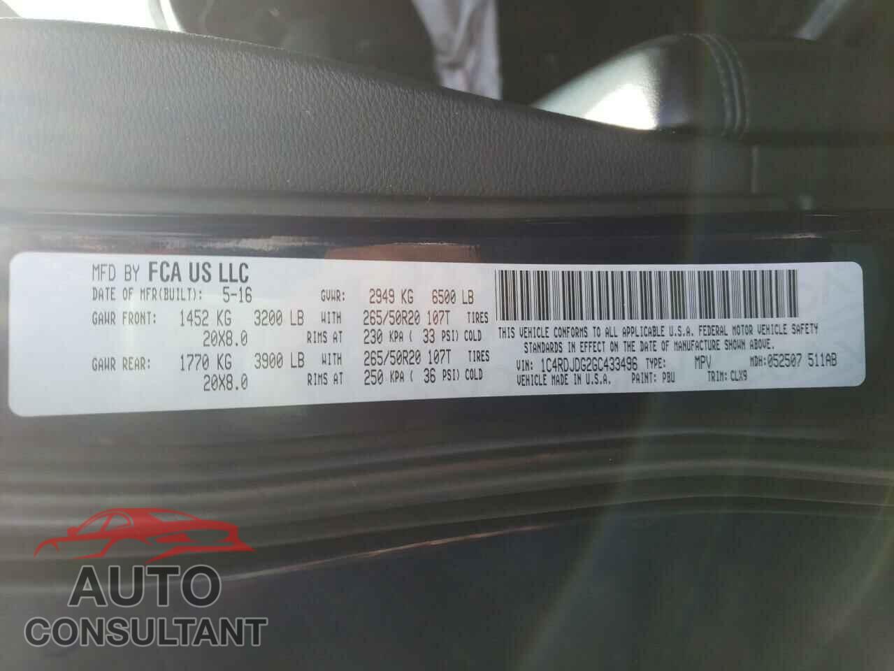 DODGE DURANGO 2016 - 1C4RDJDG2GC433496