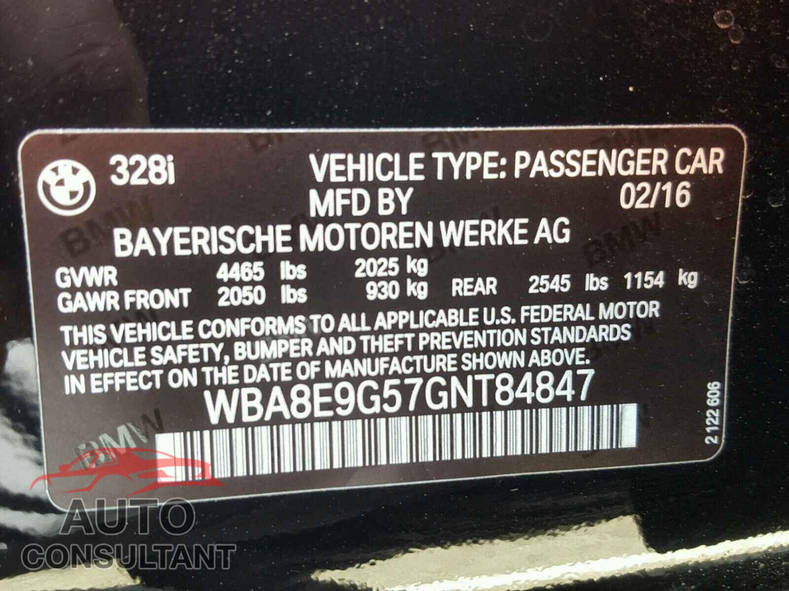BMW 3 SERIES 2016 - WBA8E9G57GNT84847