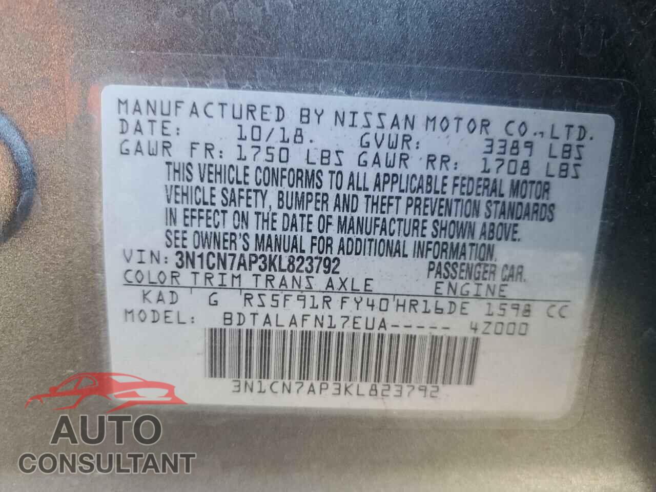 NISSAN VERSA 2019 - 3N1CN7AP3KL823792
