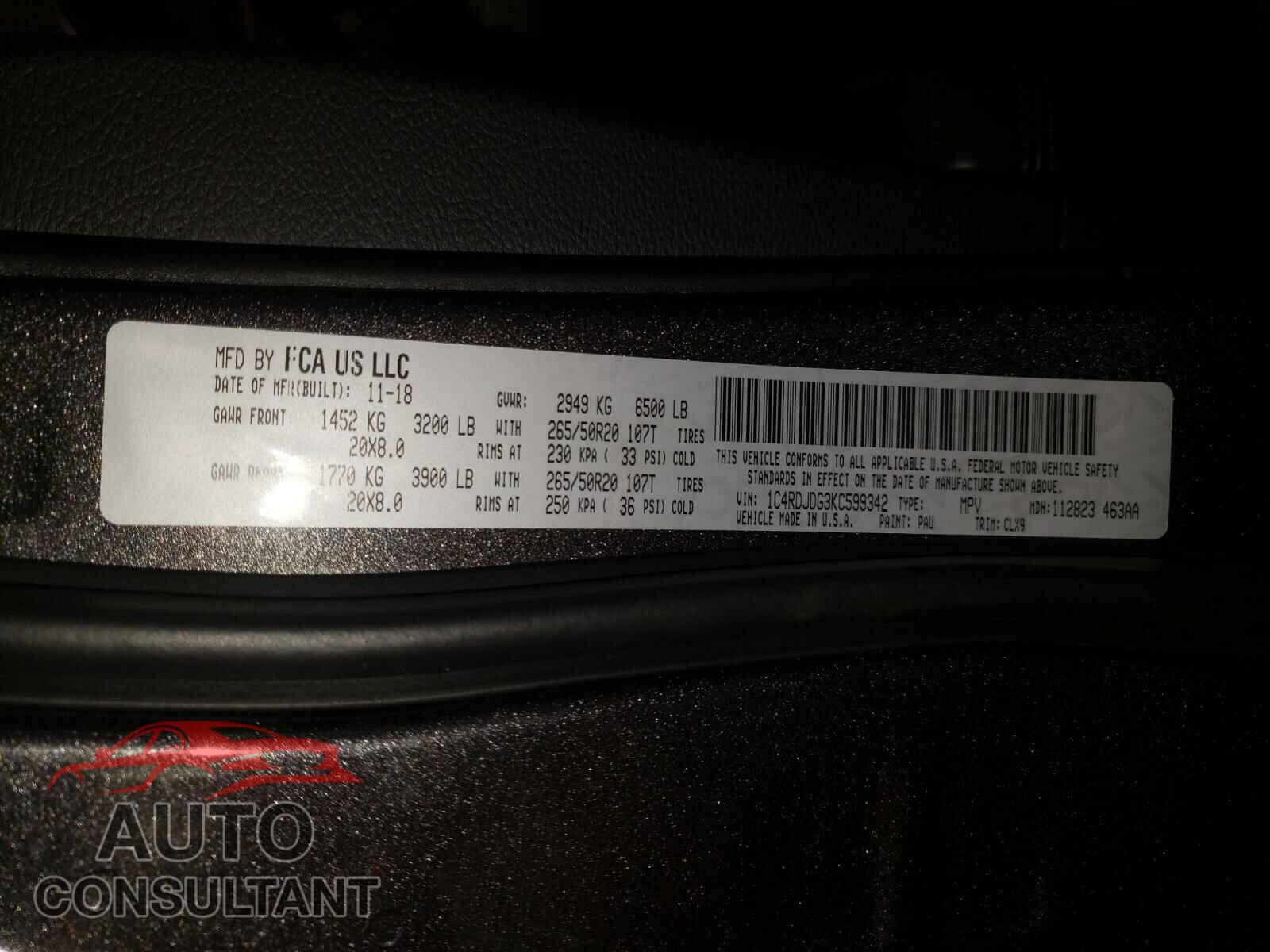 DODGE DURANGO 2019 - 1C4RDJDG3KC599342