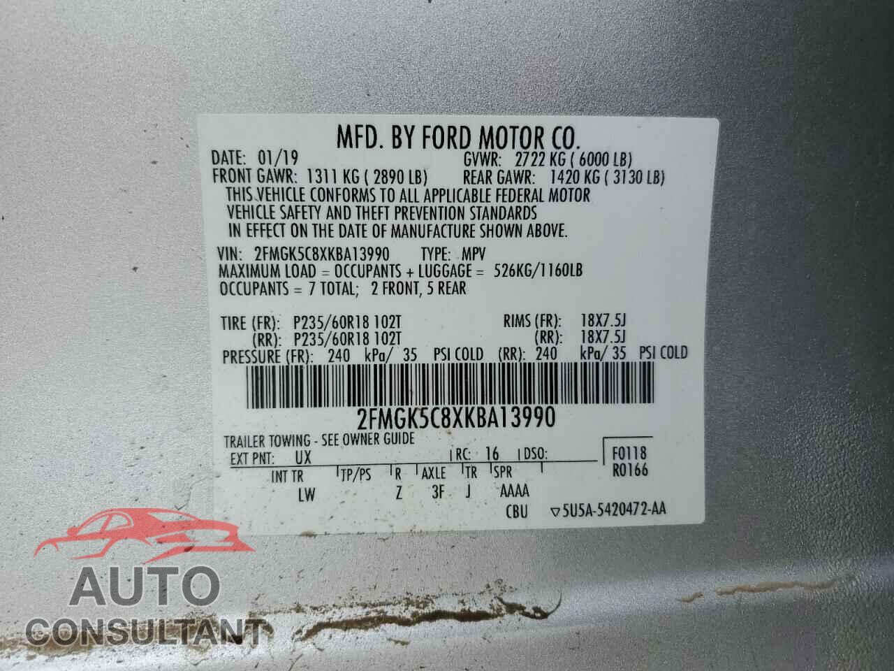 FORD FLEX 2019 - 2FMGK5C8XKBA13990