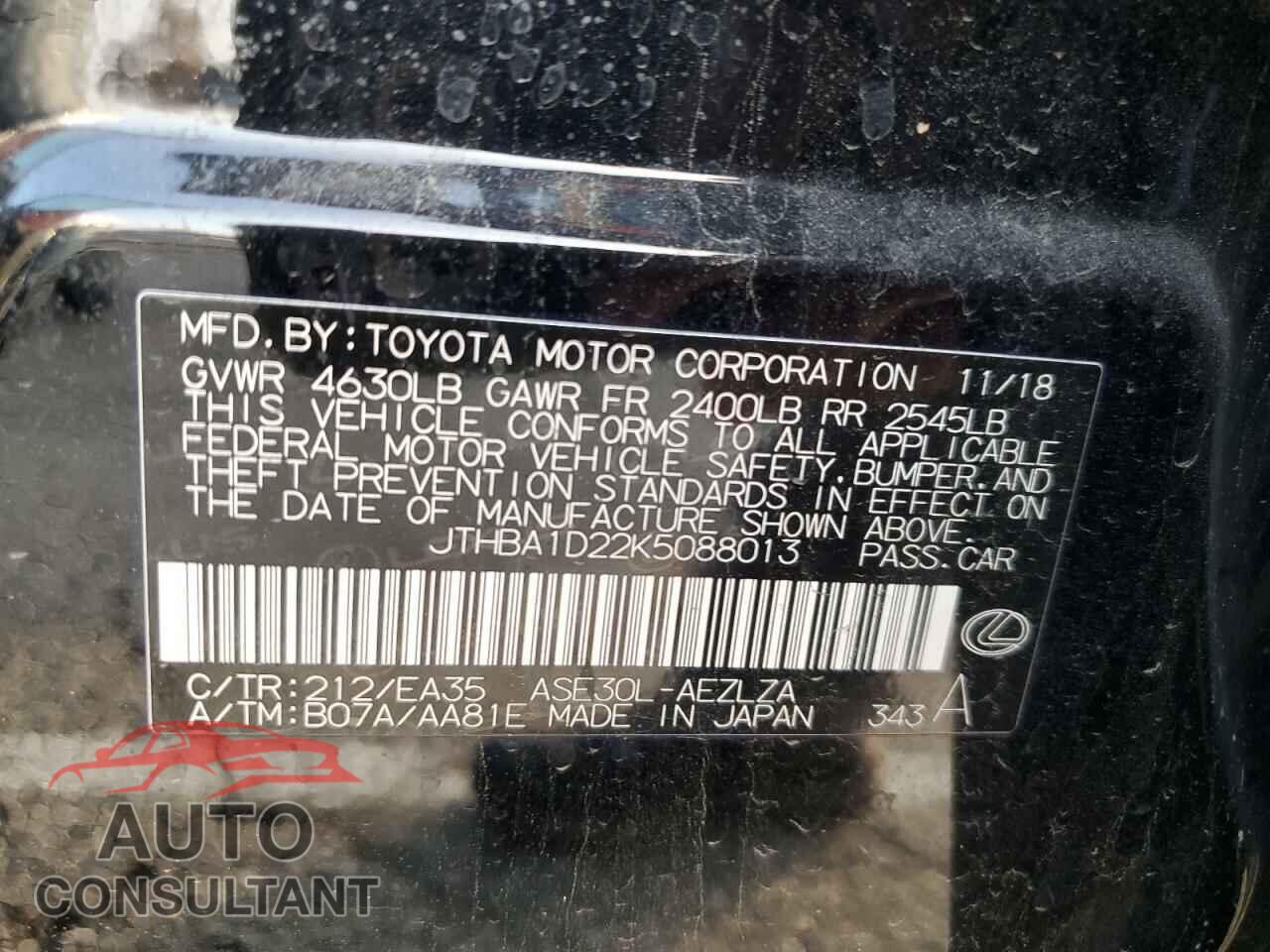LEXUS IS 2019 - JTHBA1D22K5088013