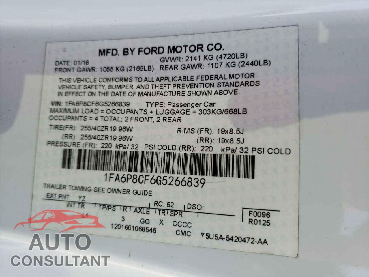 FORD MUSTANG 2016 - 1FA6P8CF6G5266839