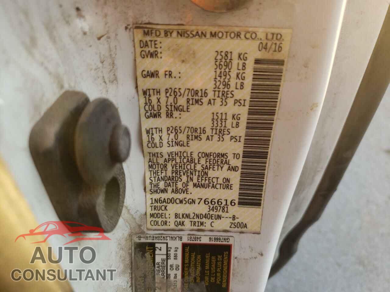 NISSAN FRONTIER 2016 - 1N6AD0CW5GN766616