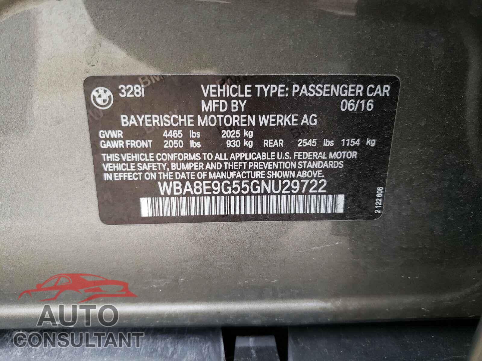BMW 3 SERIES 2016 - WBA8E9G55GNU29722