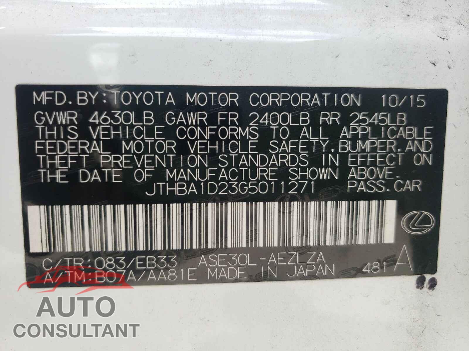 LEXUS IS 2016 - JTHBA1D23G5011271