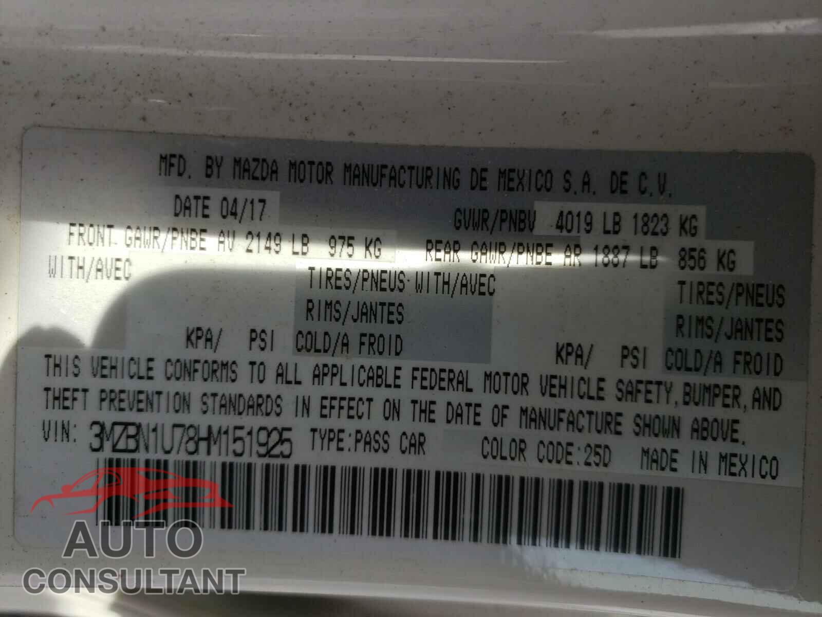 MAZDA 3 2017 - 3MZBN1U78HM151925