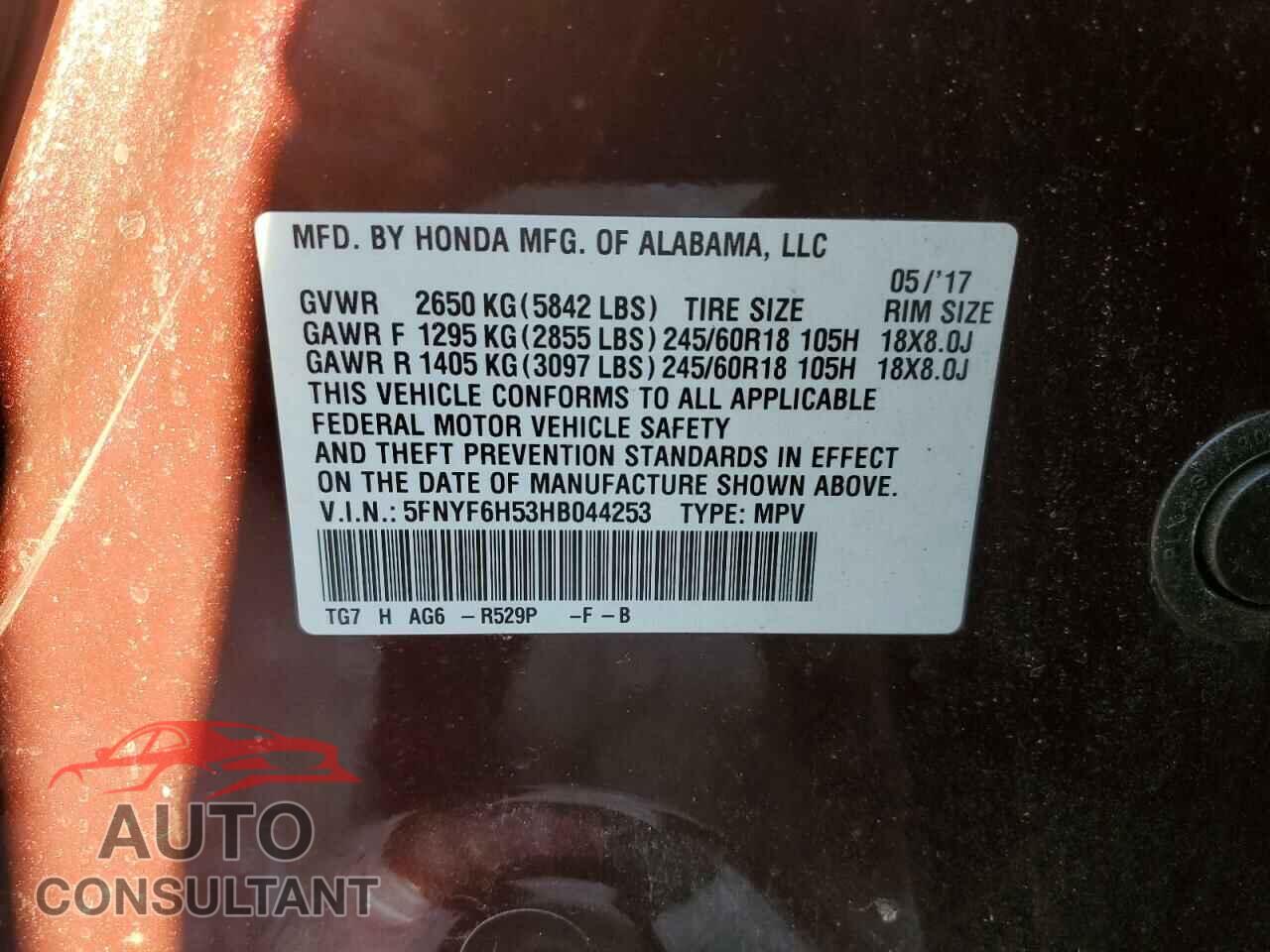 HONDA PILOT 2017 - 5FNYF6H53HB044253