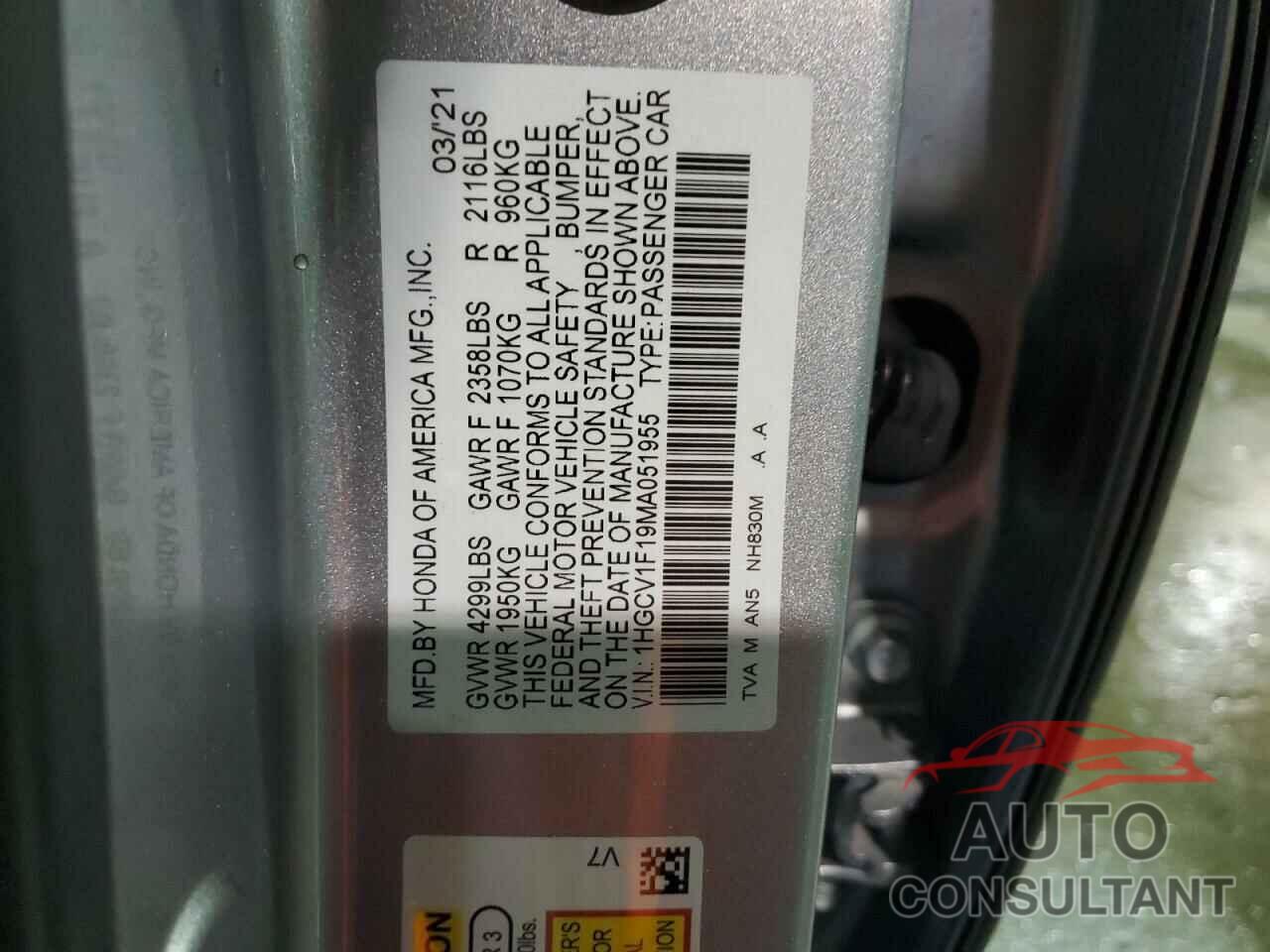 HONDA ACCORD 2021 - 1HGCV1F19MA051955