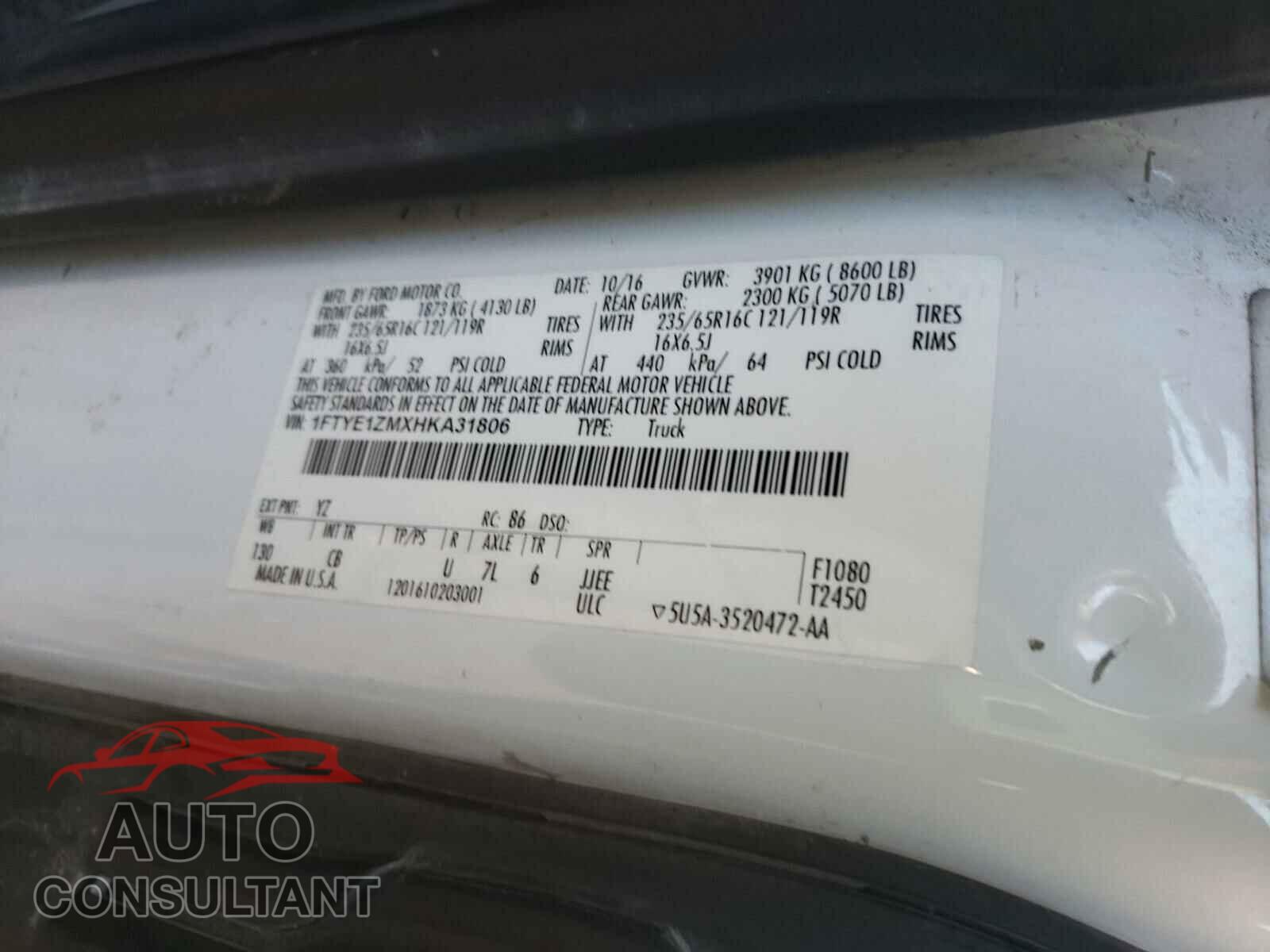 FORD TRANSIT CO 2017 - 1FTYE1ZMXHKA31806