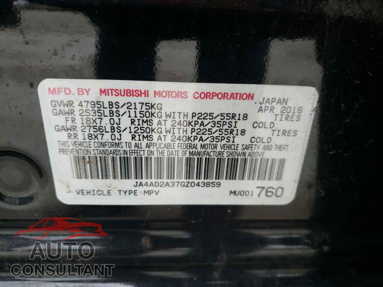 MITSUBISHI OUTLANDER 2016 - JA4AD2A37GZ043859