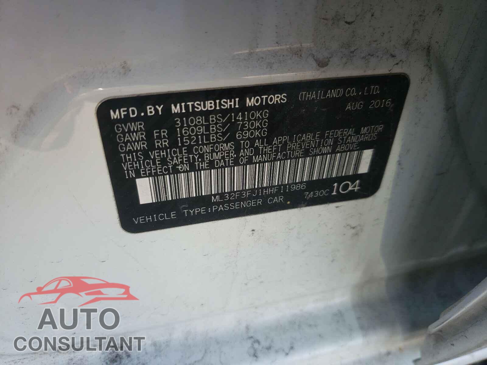 MITSUBISHI MIRAGE 2017 - ML32F3FJ1HHF11986