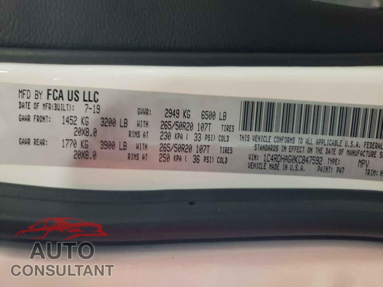 DODGE DURANGO 2019 - 1C4RDHAG0KC847592