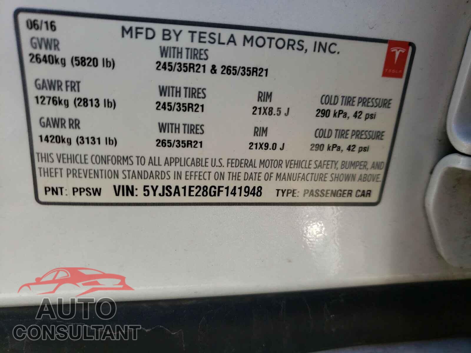 TESLA MODEL S 2016 - 5YJSA1E28GF141948
