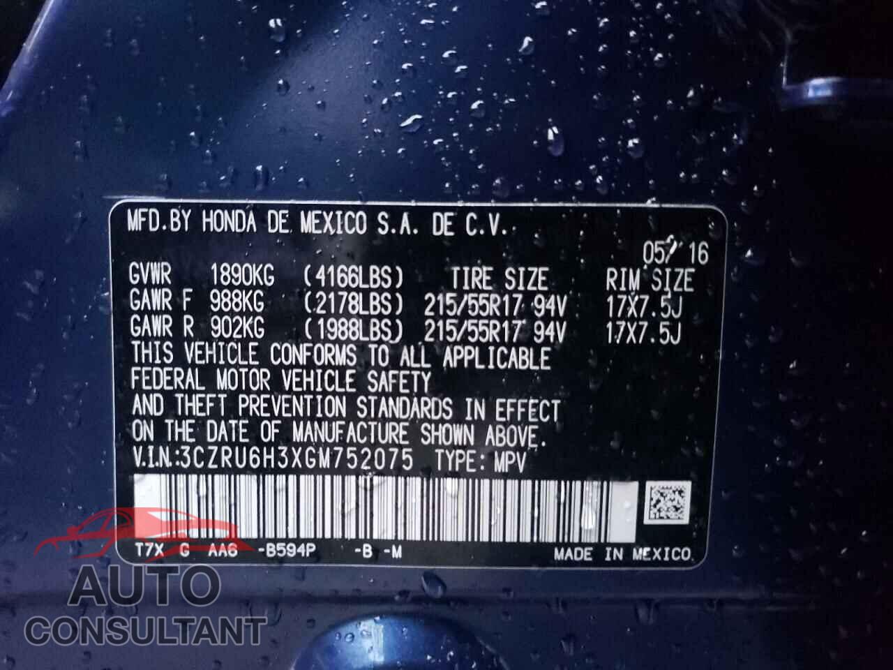 HONDA HR-V 2016 - 3CZRU6H3XGM752075