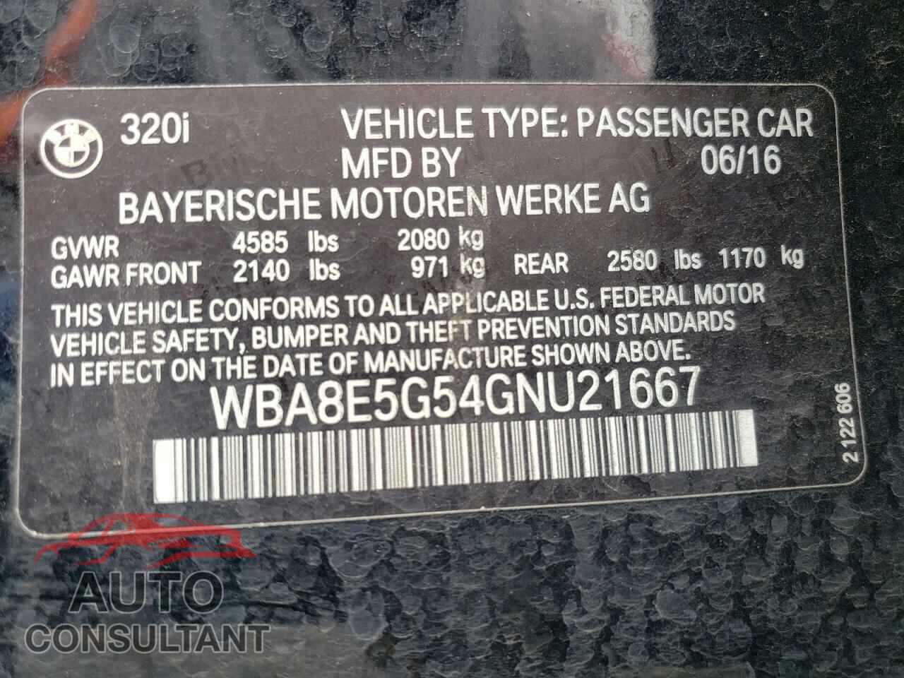 BMW 3 SERIES 2016 - WBA8E5G54GNU21667