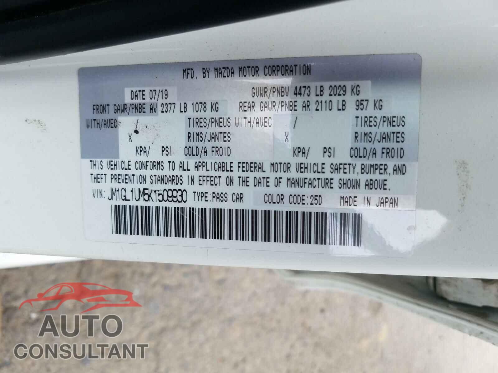 MAZDA 6 2019 - JM1GL1UM5K1509930