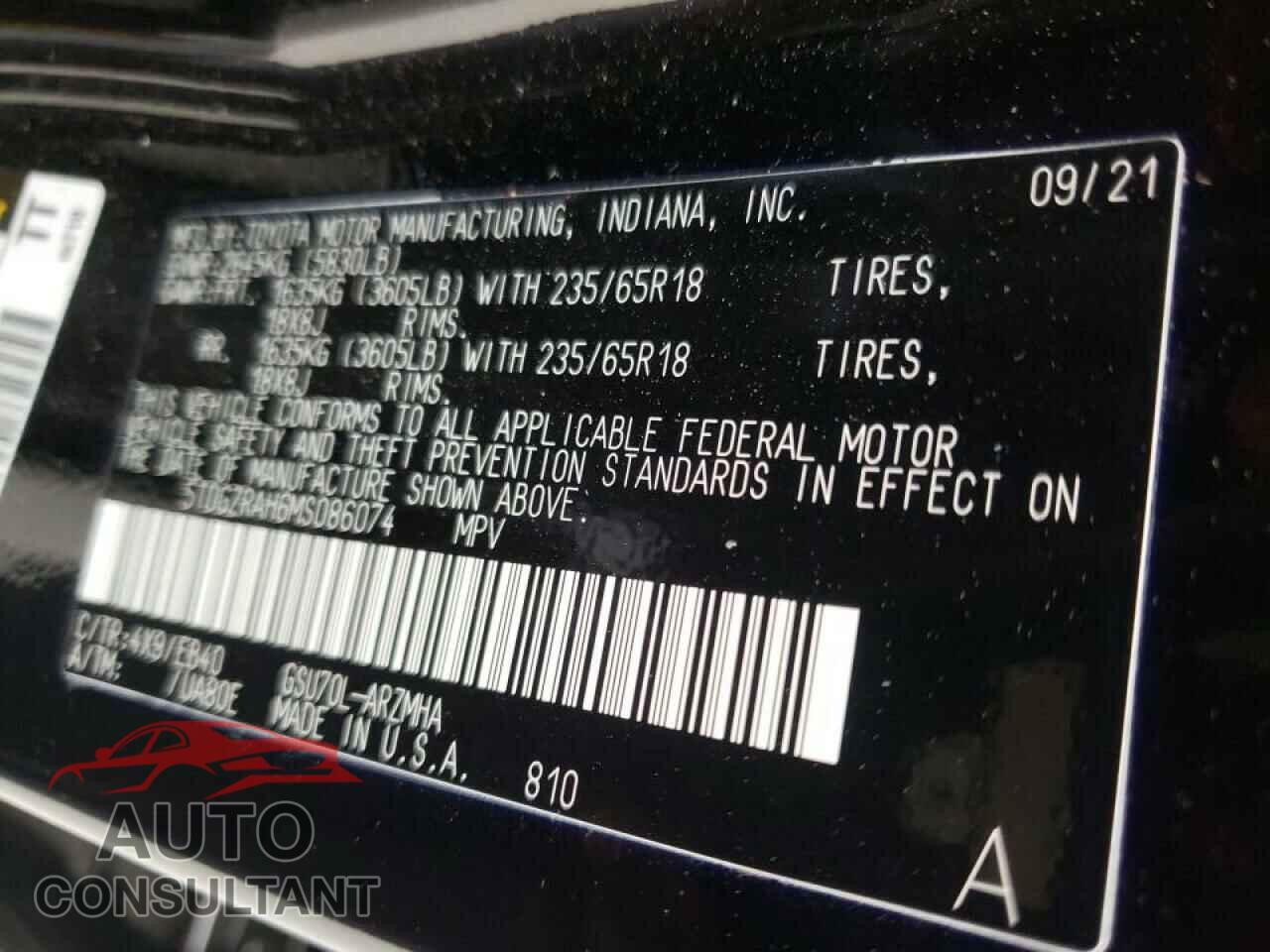 TOYOTA HIGHLANDER 2021 - 5TDGZRAH6MS086074