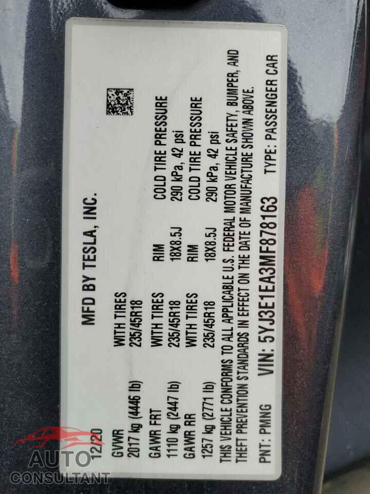 TESLA MODEL 3 2021 - 5YJ3E1EA3MF878163