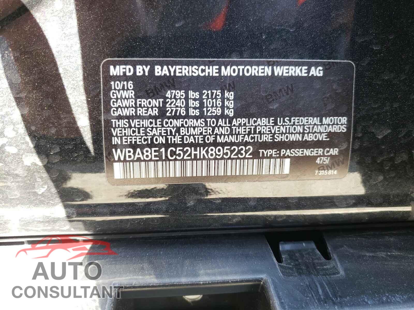 BMW 3 SERIES 2017 - WBA8E1C52HK895232