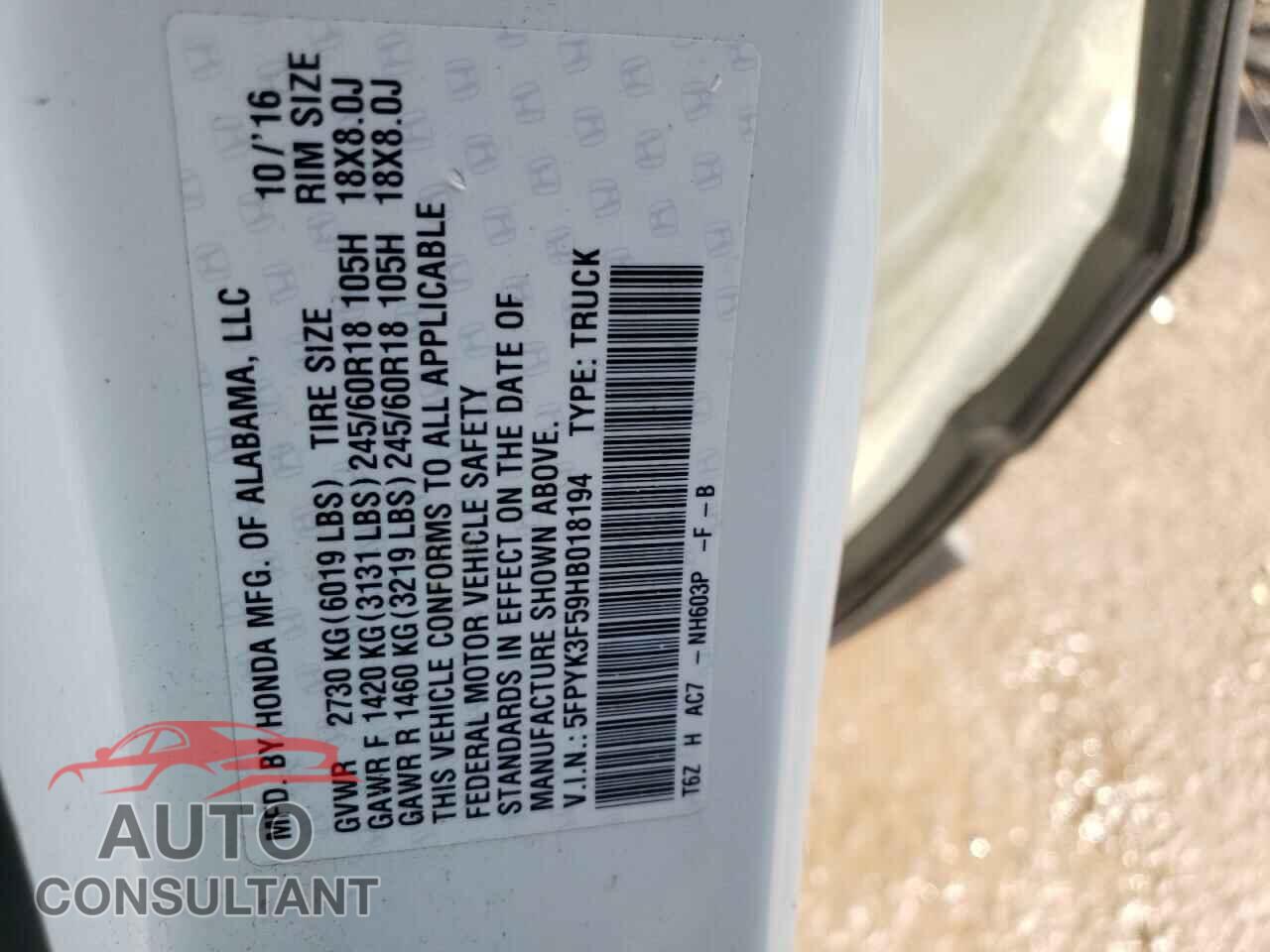 HONDA RIDGELINE 2017 - 5FPYK3F59HB018194