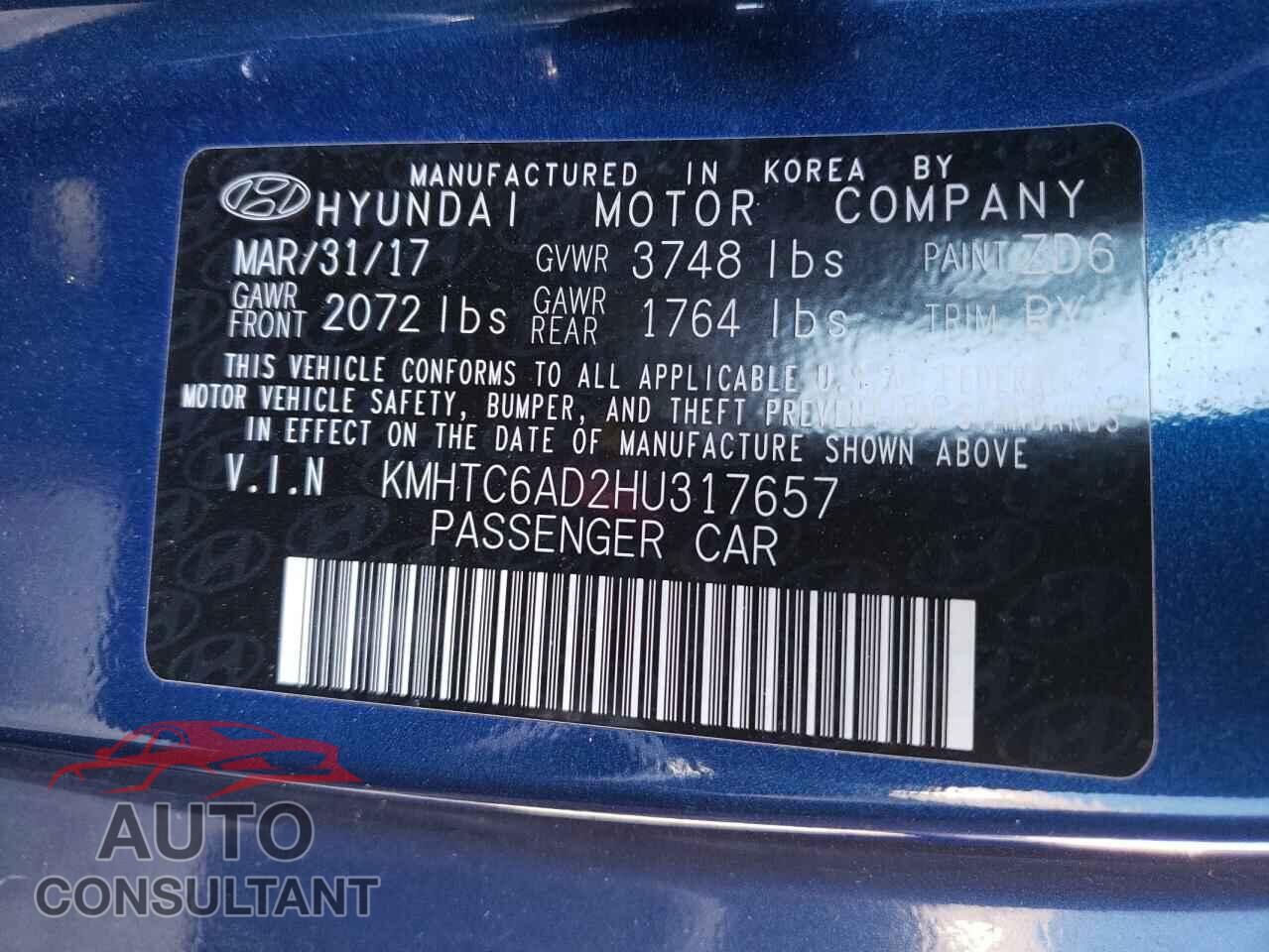 HYUNDAI VELOSTER 2017 - KMHTC6AD2HU317657