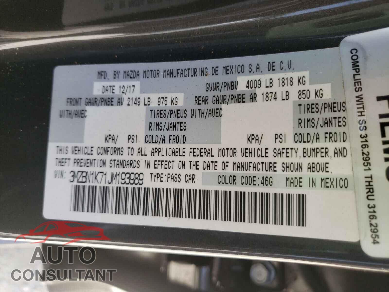 MAZDA 3 2018 - 3MZBN1K71JM193989