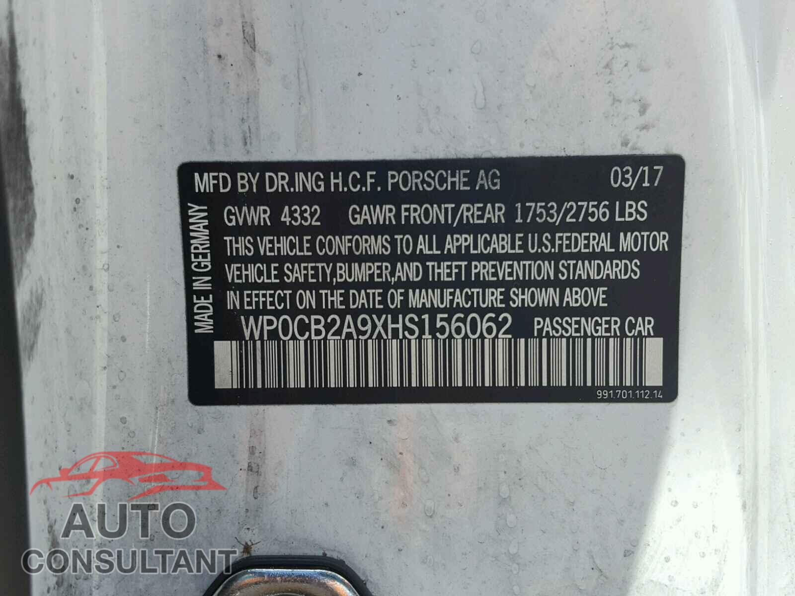 PORSCHE 911 2017 - WP0CB2A9XHS156062