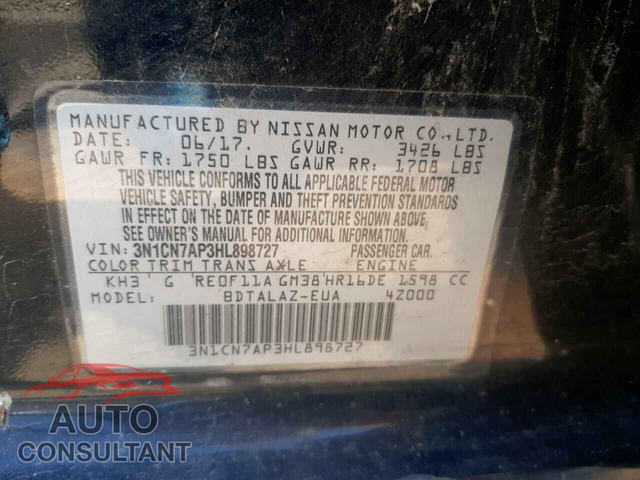 NISSAN VERSA 2017 - 3N1CN7AP3HL898727