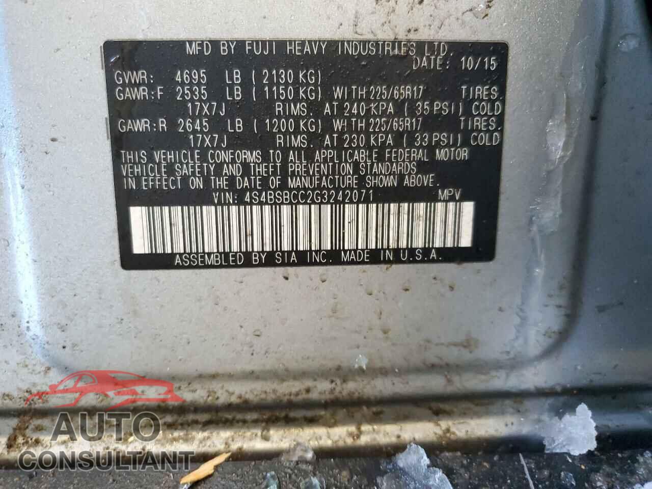 SUBARU OUTBACK 2016 - 4S4BSBCC2G3242071